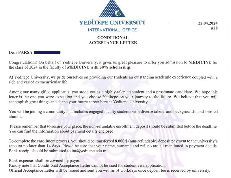 برگه پذیرش پزشکی دانشگاه یدی تپه