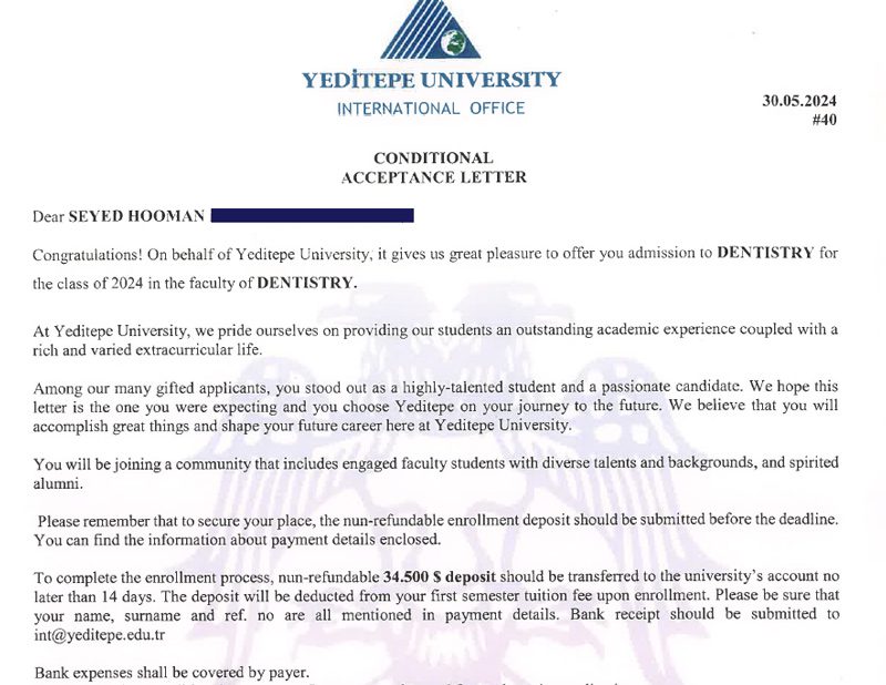 برگه پذیرش دندانپزشکی دانشگاه یدی تپه